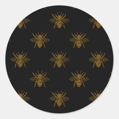 Gold Metallic Foil Bees on Black Classic Round Sticker