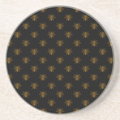 Gold Metallic Foil Bees on Black Coaster