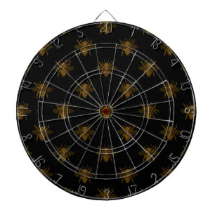 Gold Metallic Foil Bees on Black Dartboard With Darts