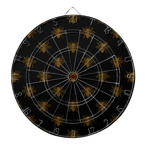 Gold Metallic Foil Bees on Black Dartboard With Darts