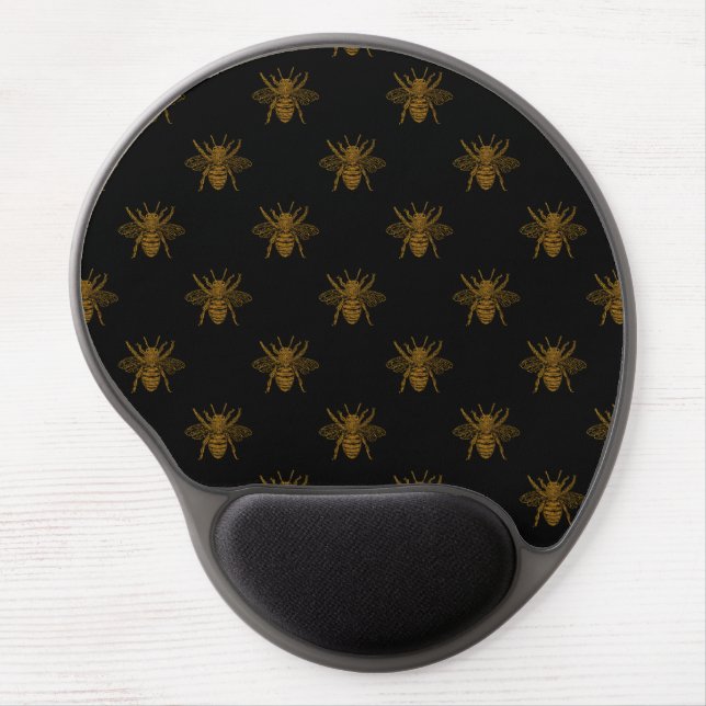 Gold Metallic Foil Bees on Black Gel Mouse Pad (Front)