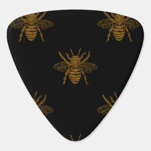 Gold Metallic Foil Bees on Black Guitar Pick