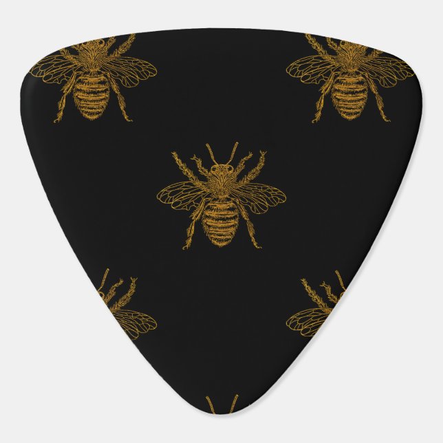Gold Metallic Foil Bees on Black Guitar Pick (Back)