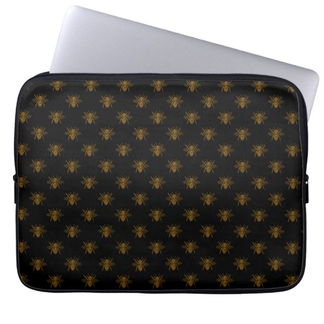 Gold Metallic Foil Bees on Black Laptop Sleeve (Front)