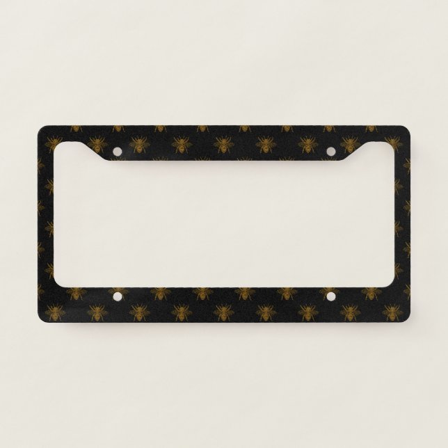 Gold Metallic Foil Bees on Black License Plate Frame (Front)