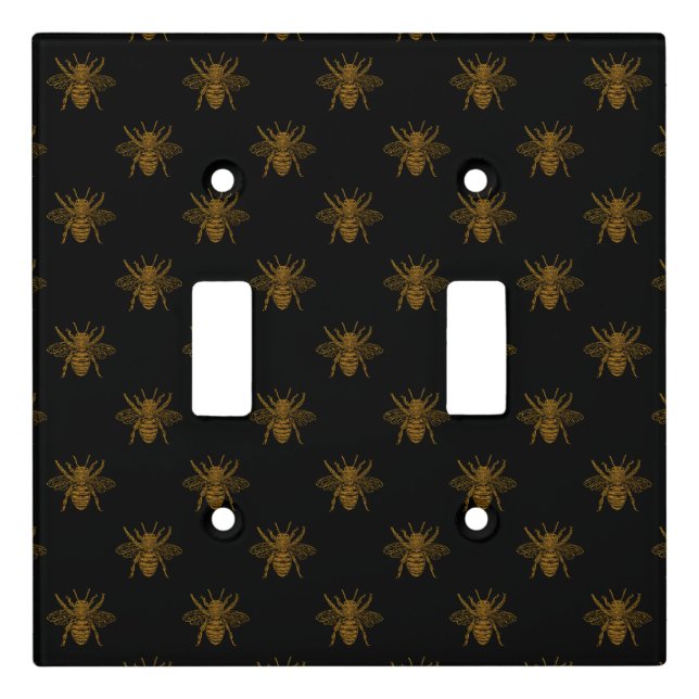 Gold Metallic Foil Bees on Black Light Switch Cover (Front)