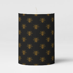 Gold Metallic Foil Bees on Black Pillar Candle