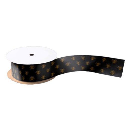 Gold Metallic Foil Bees on Black Satin Ribbon