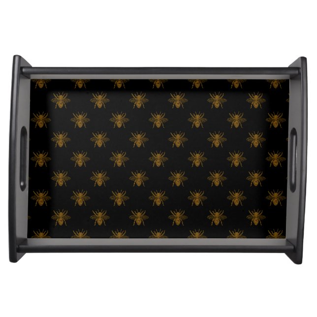 Gold Metallic Foil Bees on Black Serving Tray (Front)