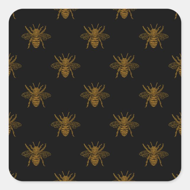 Gold Metallic Foil Bees on Black Square Sticker (Front)