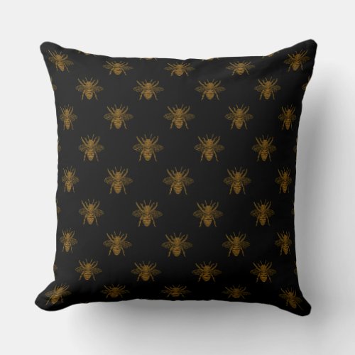 Gold Metallic Foil Bees on Black Throw Pillow