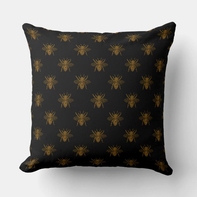 Gold Metallic Foil Bees on Black Throw Pillow (Front)