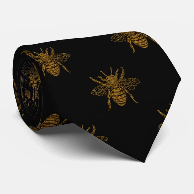 Gold Metallic Foil Bees on Black Tie (Rolled)