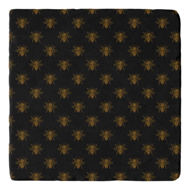 Gold Metallic Foil Bees on Black Trivet (Front)