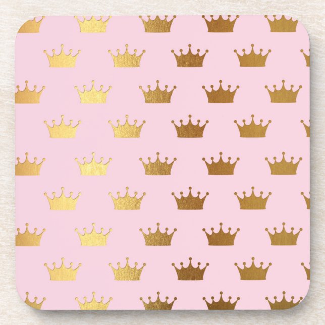 Gold Metallic Foil Crown Crowns Pink Royal Modern Beverage Coaster (Front)