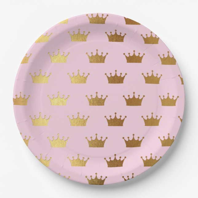 Gold Metallic Foil Crown Crowns Pink Royal Modern Paper Plates (Front)