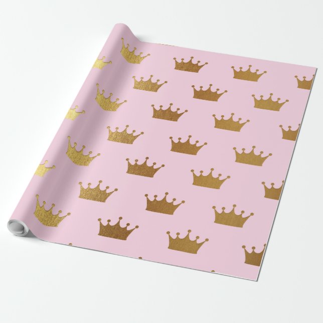 Gold Metallic Foil Crown Crowns Pink Royal Modern Wrapping Paper (Unrolled)