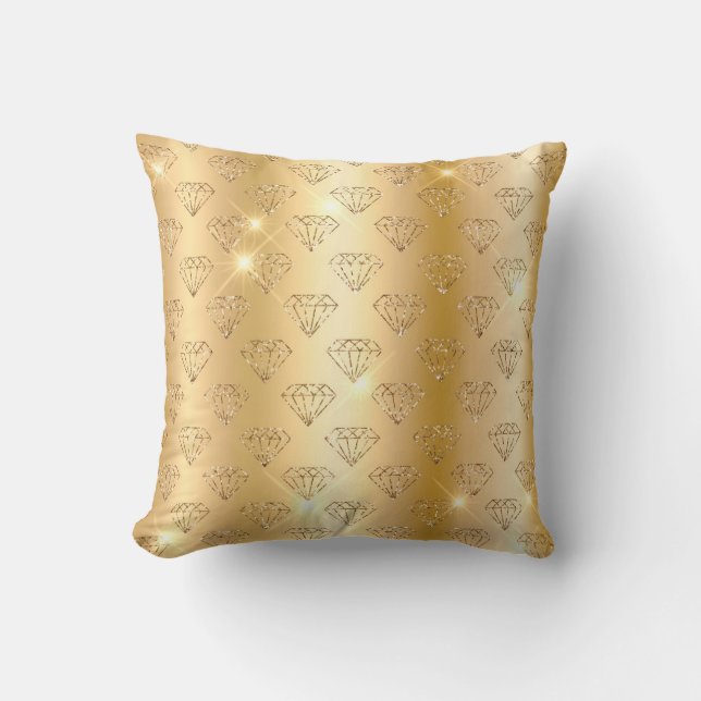 Gold Metallic Foil & Faux Glitter Glam Diamonds Throw Pillow (Front)
