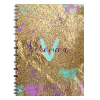 Gold Metallic Foil Glitter Artistic Paint Splatter Notebook