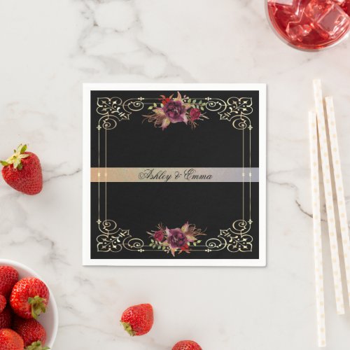 Gold Metallic Frame with Watercolor Red Roses Napkins