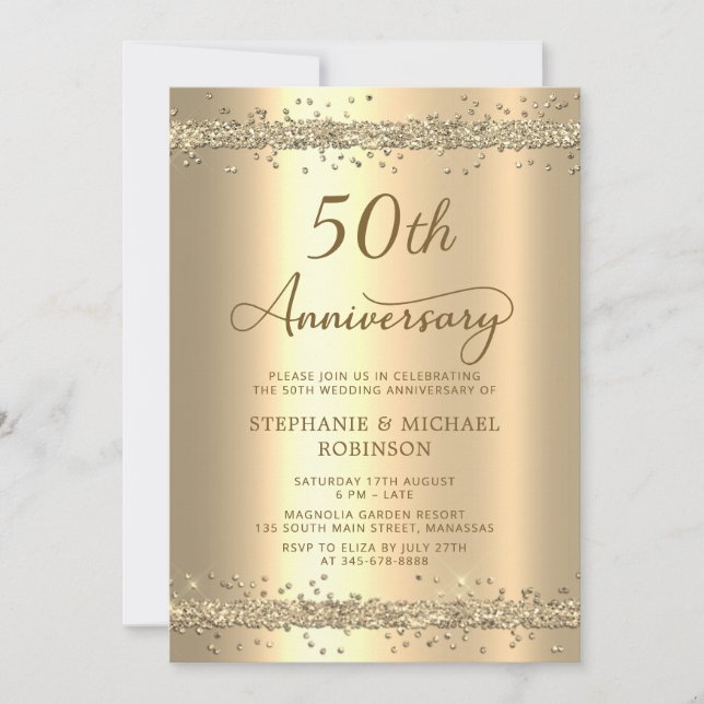 Gold Metallic Glitter 50th Wedding Anniversary Invitation (Front)