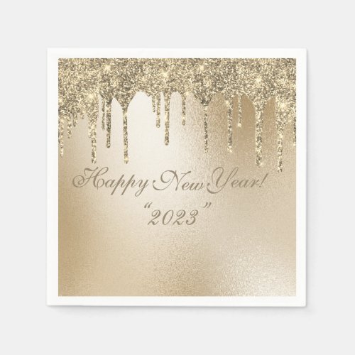 Gold Metallic Glitter Drip Elegant Happy New Year Napkins