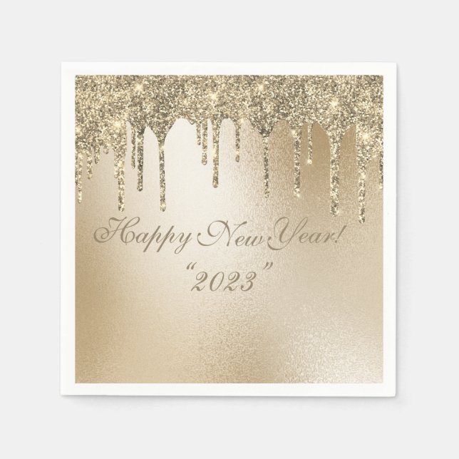 Gold Metallic Glitter Drip Elegant Happy New Year Napkins (Front)