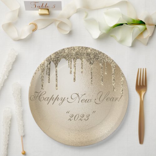 Gold Metallic Glitter Drip Elegant Happy New Year Paper Plates