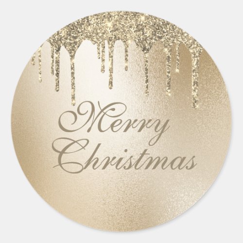 Gold Metallic Glitter Drip Elegant Merry Christmas Classic Round Sticker