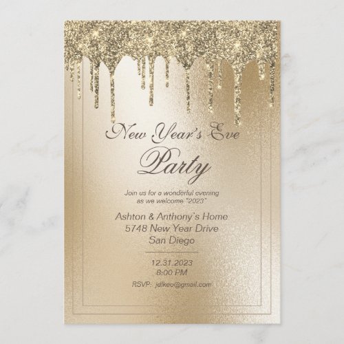 Gold Metallic Glitter Drip Elegant New Years Eve  Holiday Card