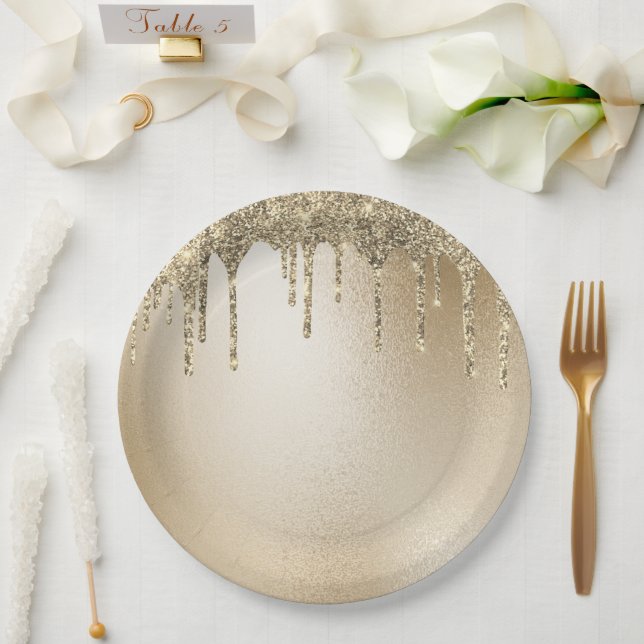Gold Metallic Glitter Drip Elegant  Paper Plates (Wedding)