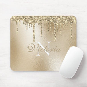 Gold Metallic Glitter Drip Monogram Elegant Mouse Pad