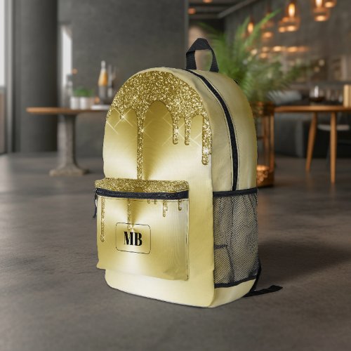 Gold Metallic Glitter Drip Monogrammed Printed Backpack