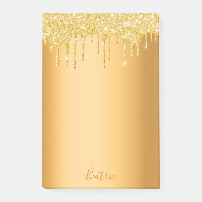 Gold metallic glitter drips name script post-it notes (Front)