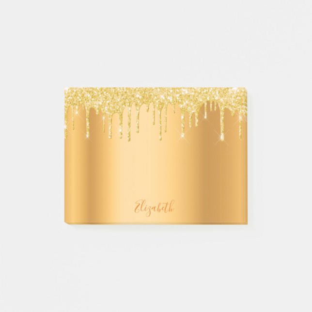 Gold metallic glitter drips name script post-it notes (Front)