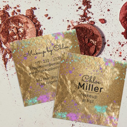 Gold Metallic Glitter Paint Splatter Makeup Artist Square Business Card