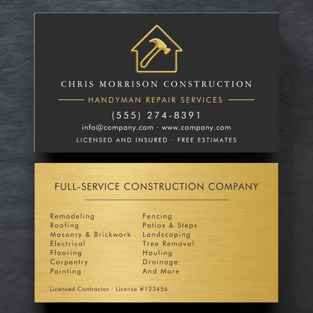 Gold Metallic Handyman Construction Black  Business Card (Creator Uploaded)