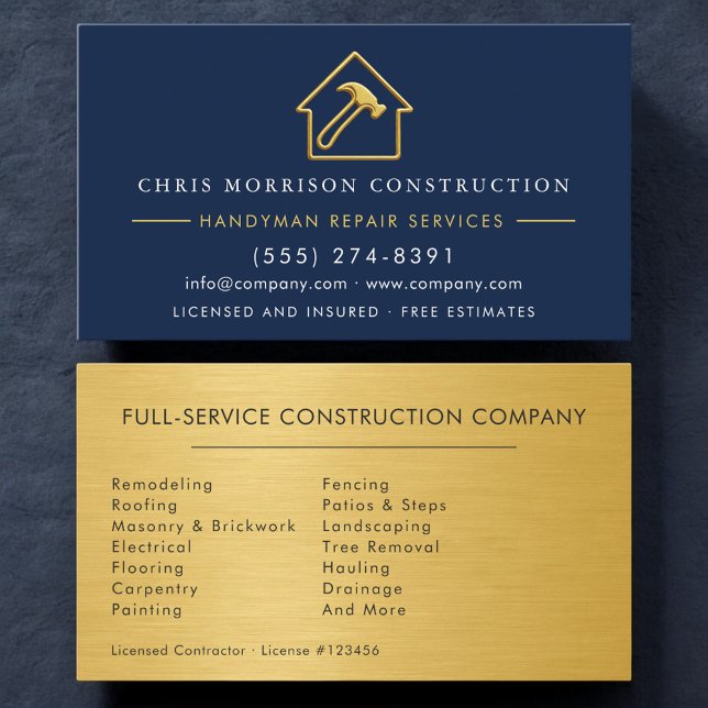 Gold Metallic Handyman Construction Navy Blue Business Card (Creator Uploaded)
