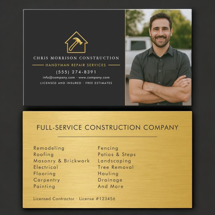 Gold Metallic Handyman Photo Black Business Card
