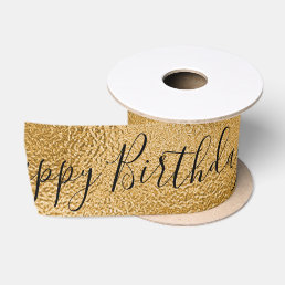 Gold Metallic Happy Birthday Script Modern Satin  Ribbon