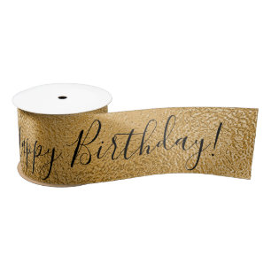 Gold Metallic Happy Birthday Script Modern Satin  Ribbon