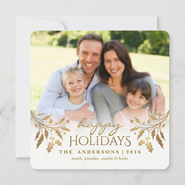 Gold Metallic Holly Berry Holiday Photo Flat Card
