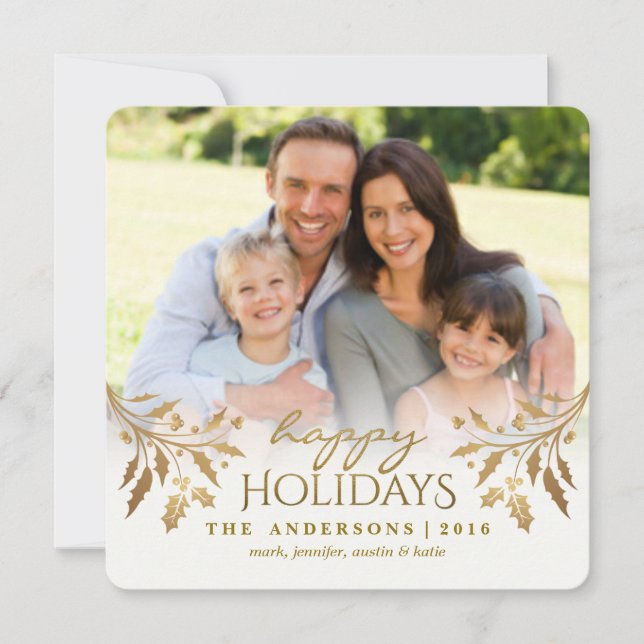Gold Metallic Holly Berry Holiday Photo Flat Card (Front)