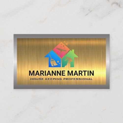 Gold Metallic  House Cleaning Icons Business Card