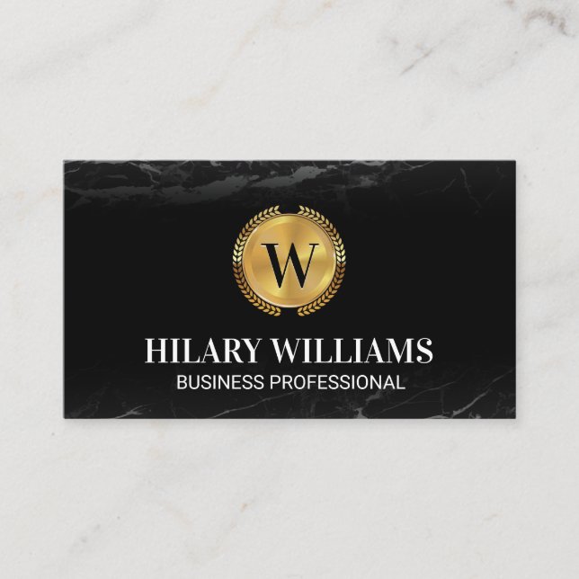 Gold Metallic Leaves | Classic Monogram Marble Business Card (Front)