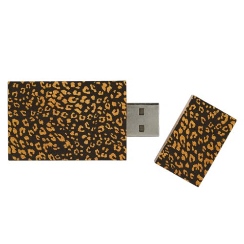 Gold Metallic Leopard Pattern on Black Wood Flash Drive