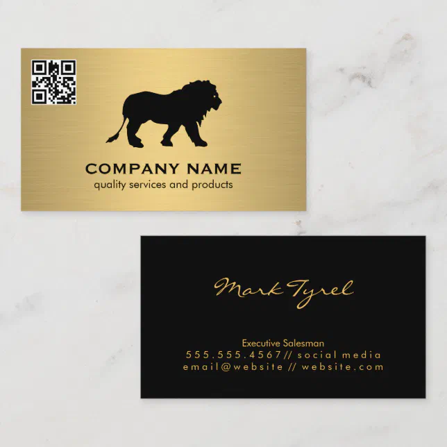Gold Metallic / Lion Icon / QR Code Scan Business Card | Zazzle