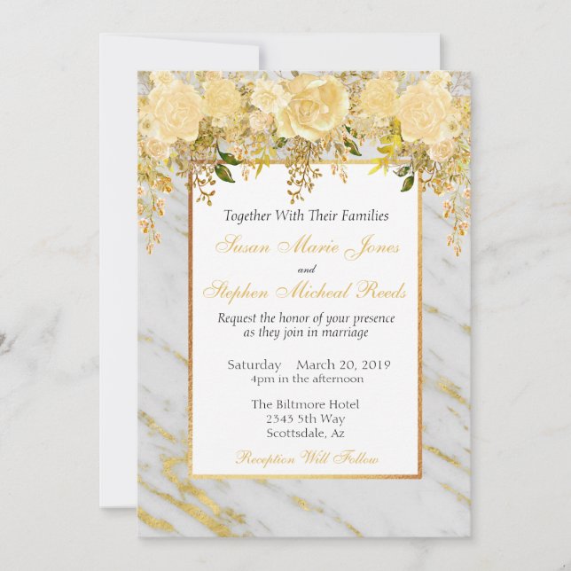 Gold Metallic Marble Flowers Wedding Invitation (Front)