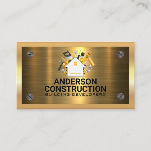 Gold Metallic  Metal Screws  Construction Logo Business Card