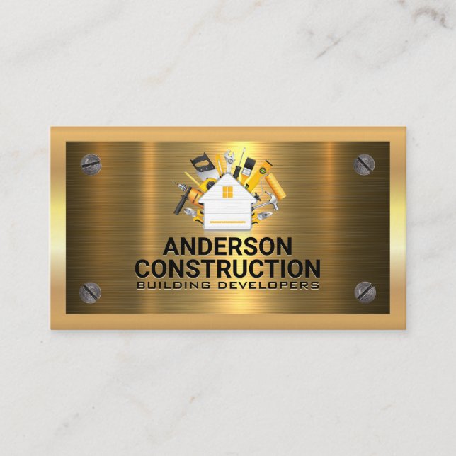 Gold Metallic | Metal Screws | Construction Logo Business Card (Front)